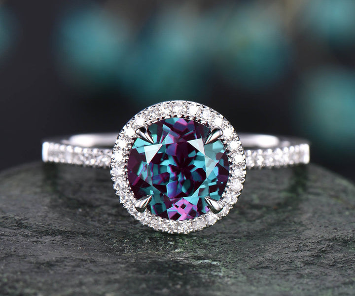 Diamond halo ring unique Alexandrite engagement ring rose gold 8mm round cut Alexandrite ring vintage June birthstone ring anniversary ring