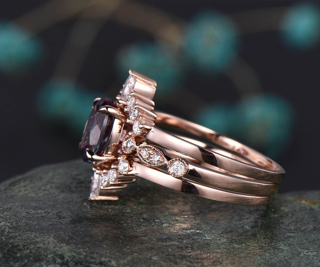 Vintage Alexandrite engagement ring set vintage diamond ring set oval bridal ring set milgrain art deco crown wedding ring set women gift