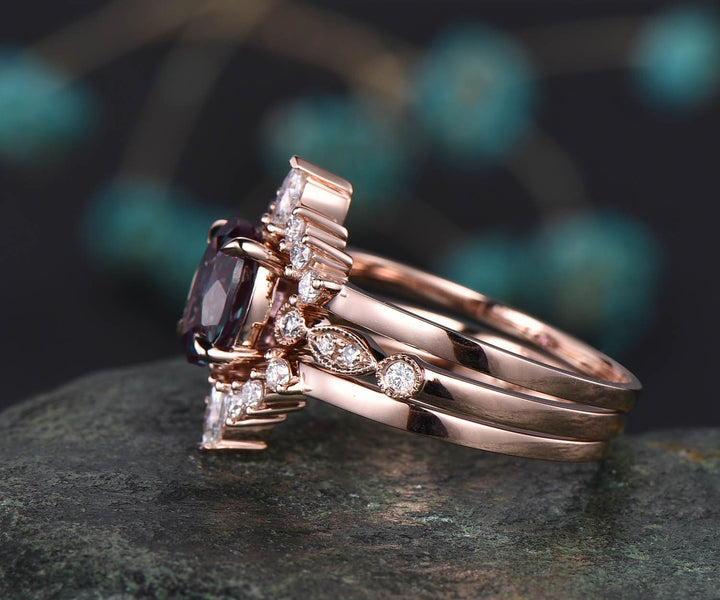 Vintage Alexandrite engagement ring set vintage diamond ring set oval bridal ring set milgrain art deco crown wedding ring set women gift