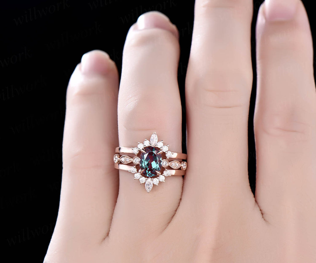 Vintage Alexandrite engagement ring set vintage diamond ring set oval bridal ring set milgrain art deco crown wedding ring set women gift