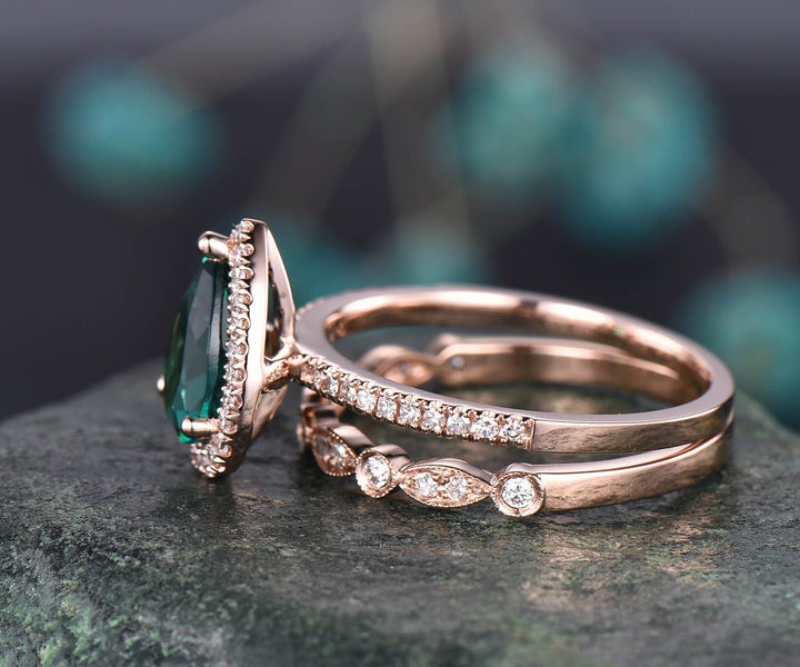 6x9mm pear teardrop emerald engagement ring set rose gold 2pcs emerald ring vintage May birthstone graduation  anniversary gift halo ring