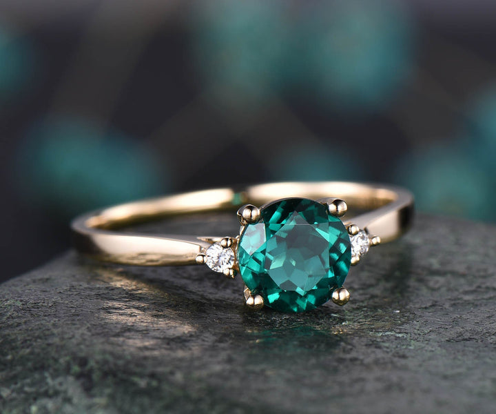 Three stone emerald engagement ring rose gold emerald ring gold diamond ring may birthstone antique Lab emerald wedding bridal promise ring