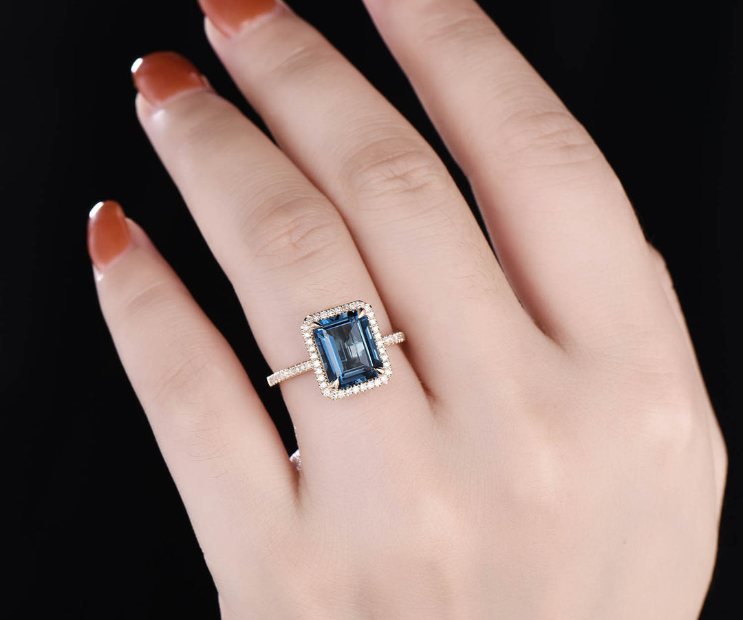 Vintage 8x10mm Emerald Cut London Blue topaz engagement ring topaz ring solid 14k rose gold diamond halo ring bridal wedding set jewelry