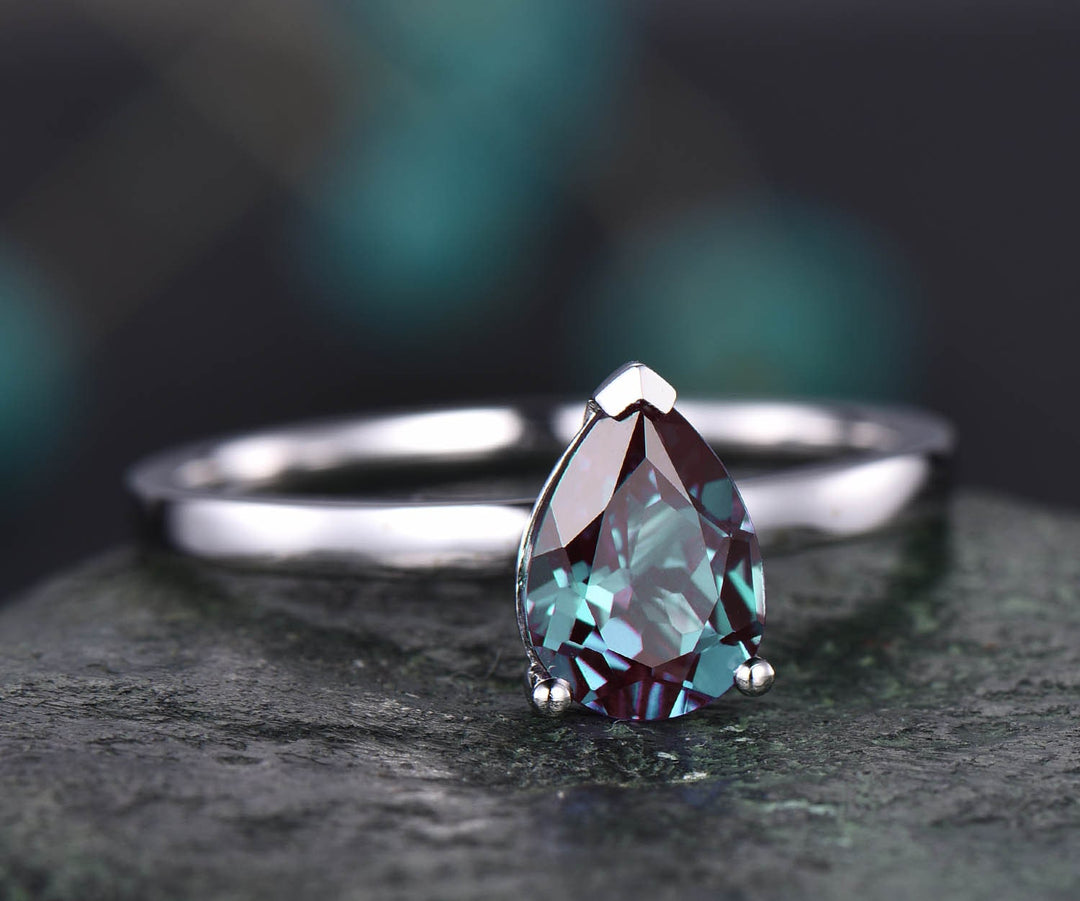Alexandrite engagement ring solitaire tear drop Alexandrite ring vintage solid 14k rose gold ring June birthstone wedding Anniversary ring