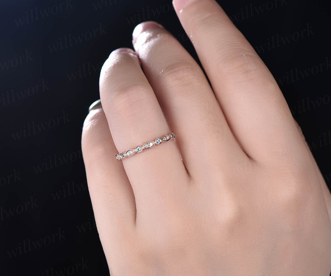 Unique Alexandrite ring vintage Alexandrite wedding band art deco milgrain bezel diamond wedding band marquise ring 14k rose gold ring gift