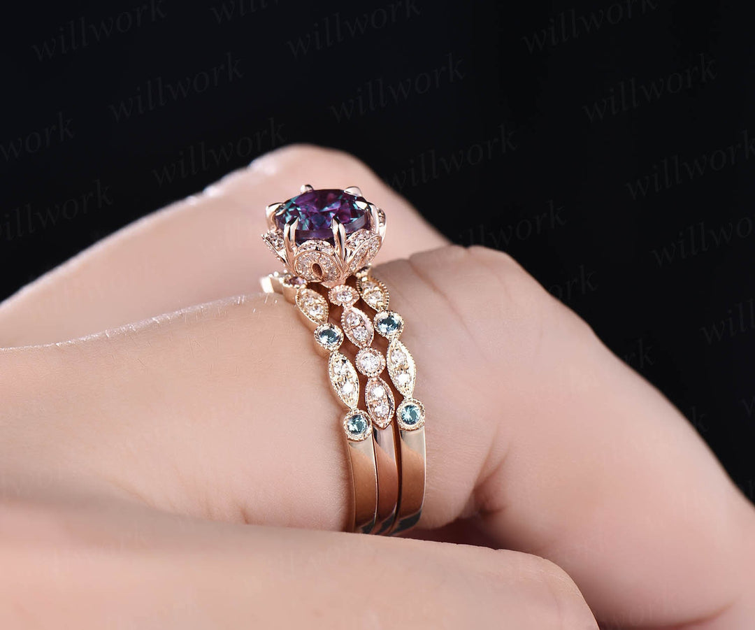Round Alexandrite wedding set vintage Alexandrite engagement ring set 14k rose gold flower double halo diamond ring unique promise ring set
