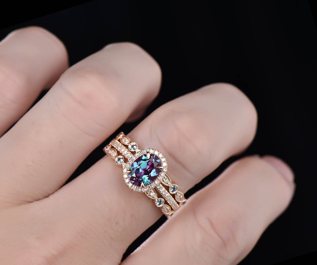 Vintage Alexandrite engagement ring set art deco yellow gold ring halo moissanite ring set marquise ring setting bridal wedding ring set
