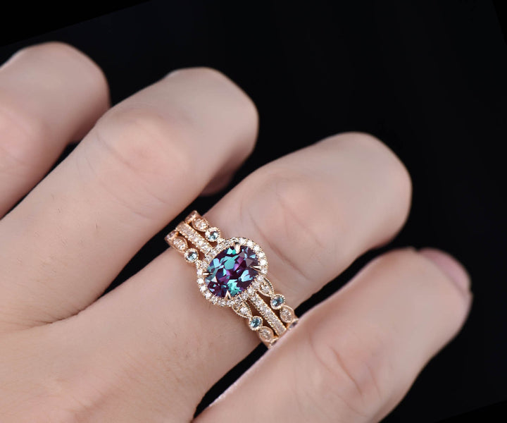 Vintage Alexandrite engagement ring set art deco yellow gold ring halo moissanite ring set marquise ring setting bridal wedding ring set