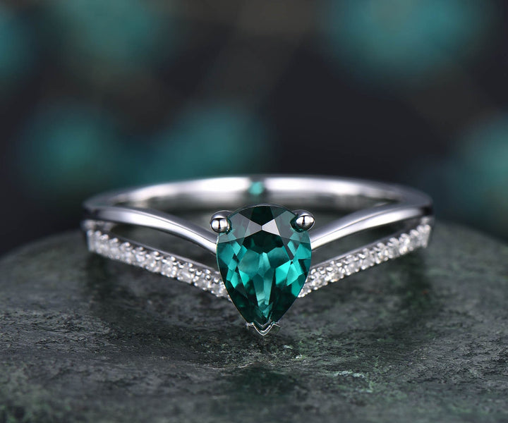 Pear cut emerald engagement ring 14k yellow gold diamond ring split shank stacking band gift unique antique wedding promise anniversary ring