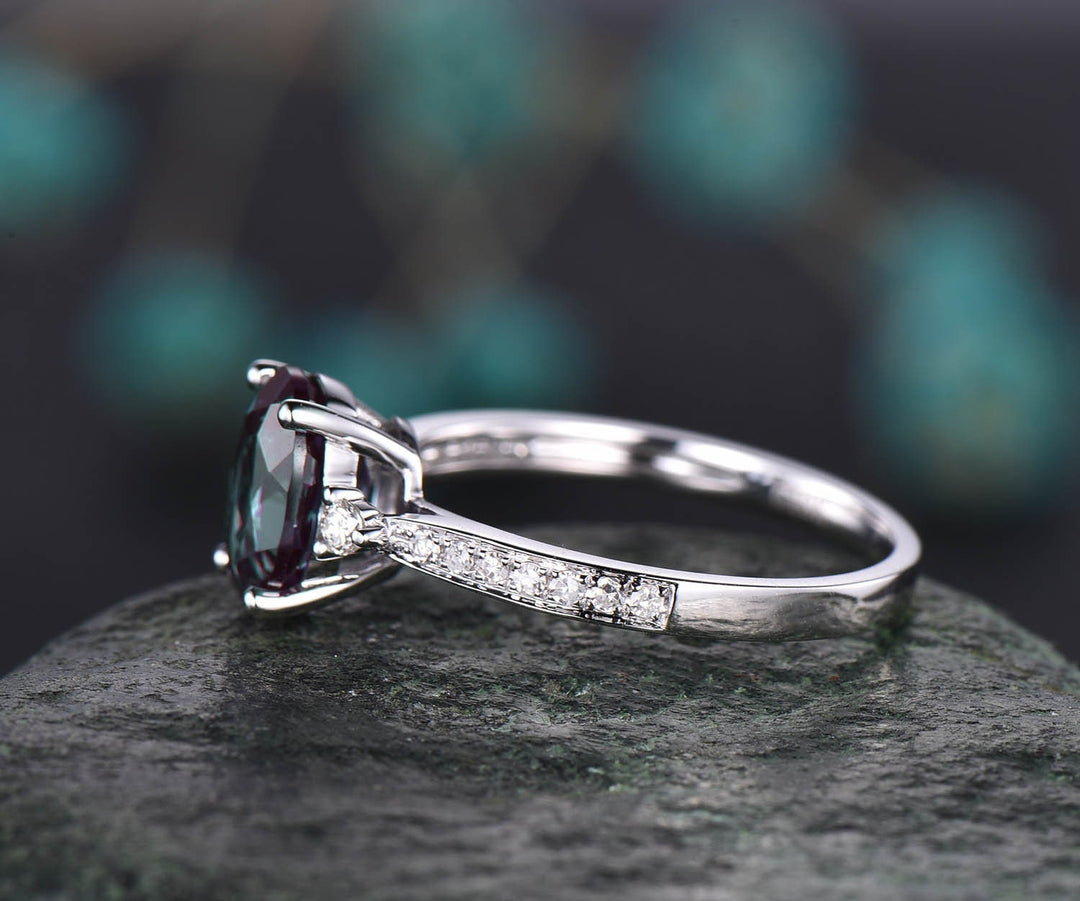 Antique vintage unique Three stone engagement ring oval Alexandrite engagement ring 14k white gold June birthstone moissanite ring jewelry