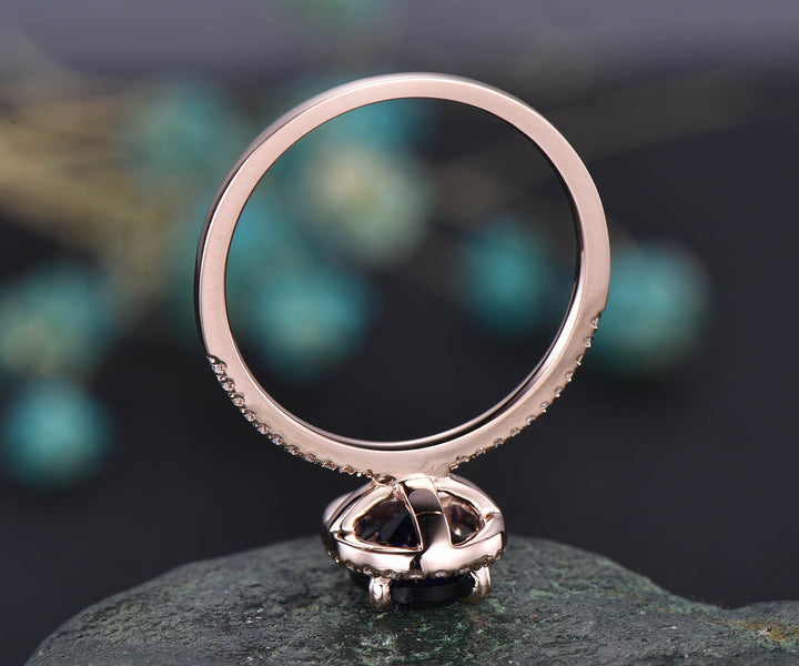 7x9mm oval blue sapphire engagement ring 14k rose gold real diamond ring Lab sapphire ring September birthstone ring anniversary gift