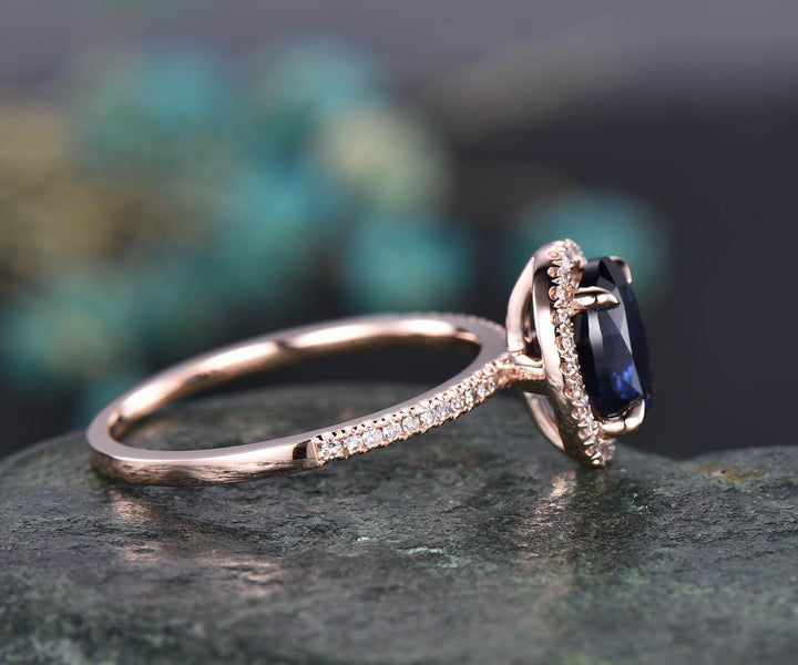 7x9mm oval blue sapphire engagement ring 14k rose gold real diamond ring Lab sapphire ring September birthstone ring anniversary gift