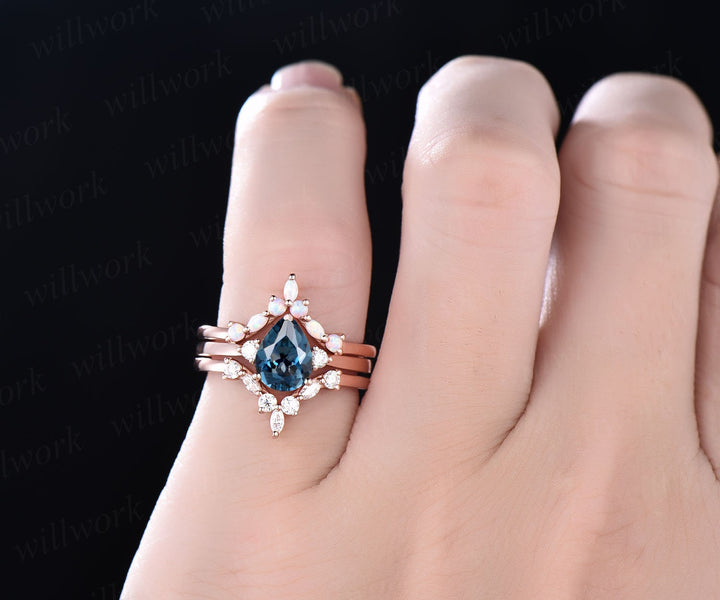 Curved marquise moissanite opal wedding ring vintage unique three stone 3pcs pear London blue topaz engagement ring set 14k rose gold ring