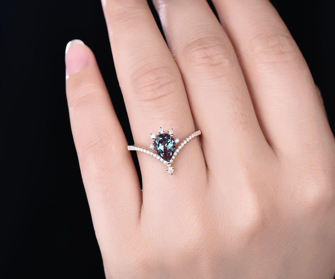 Cluster moissanite ring Alexandrite ring vintage teardrop Alexandrite engagement ring solid 14k/18k rose gold custom jewelry birthday gift