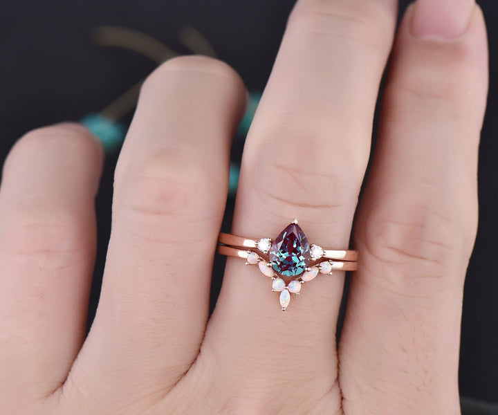 Curved marquise opal ring gold three stone engagement ring 2pcs teardrop Alexandrite engagement ring set 14k rose gold June birthstone ring