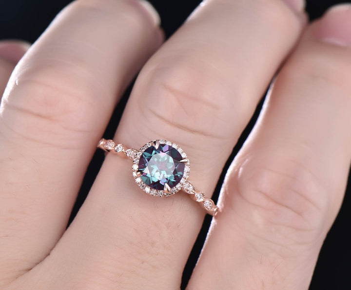 Art deco diamond halo ring color change alexandrite engagement ring rose gold marquise June birthstone ring wedding bridal anniversary ring
