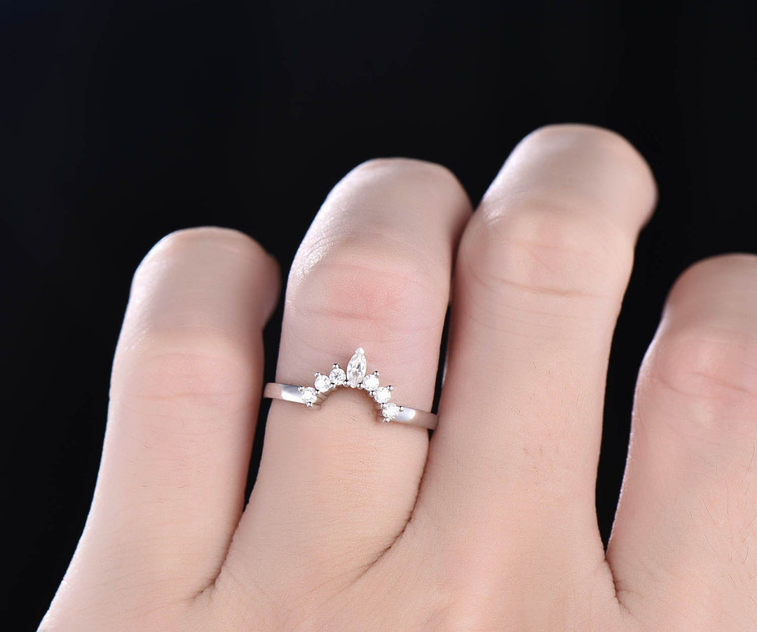 Marquise moissanite wedding ring curved crown moissanite wedding band 14k rose gold matching stacking band bridal birthday anniversary gift