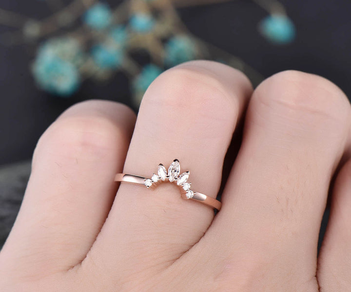 Vintage unique art deco Marquise moissanite wedding ring curved crown moissanite wedding band 14k rose gold anniversary gift custom jewelry