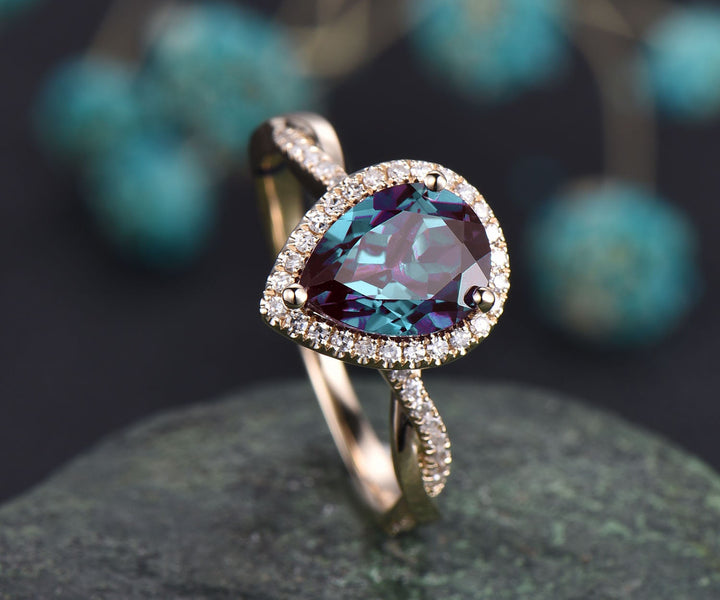 Pear shaped Alexandrite engagement ring 14k rose gold diamond halo ring infinity diamond ring June birthstone ring women anniversary gift