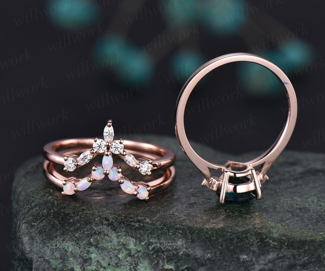 Opal ring gold women three stone ring vintage pear Alexandrite engagement ring set rose gold marquise ring set unique promise ring set gift
