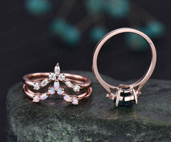 Opal ring gold women three stone ring vintage pear Alexandrite engagement ring set rose gold marquise ring set unique promise ring set gift