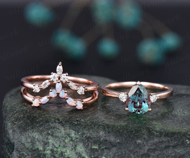 Opal ring gold women three stone ring vintage pear Alexandrite engagement ring set rose gold marquise ring set unique promise ring set gift