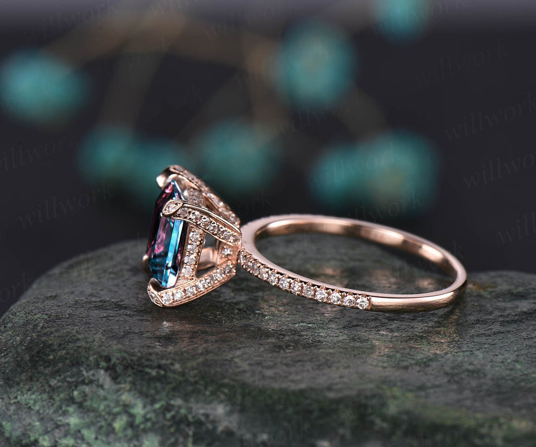 Vintage Princess cut engagement ring Alexandrite engagement ring 14k rose gold June birthstone pyramid under halo basket diamond ring