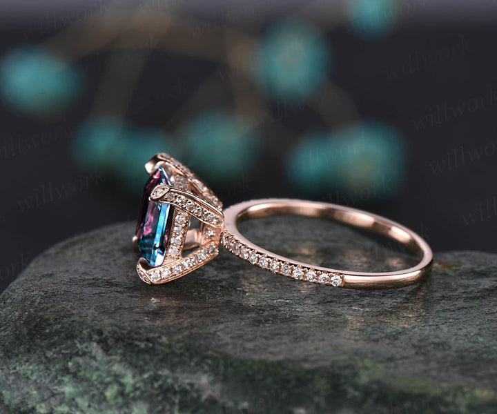 Vintage Princess cut engagement ring Alexandrite engagement ring 14k rose gold June birthstone pyramid under halo basket diamond ring