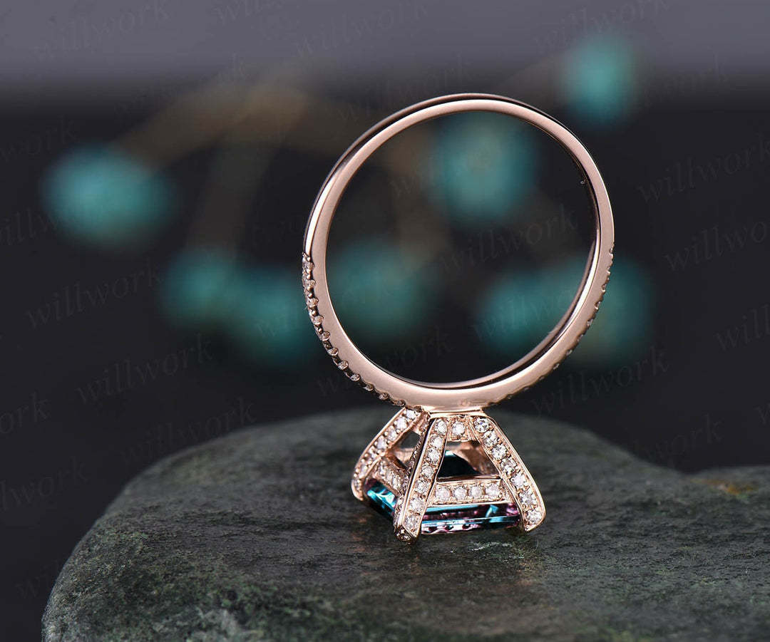 Vintage Princess cut engagement ring Alexandrite engagement ring 14k rose gold June birthstone pyramid under halo basket diamond ring