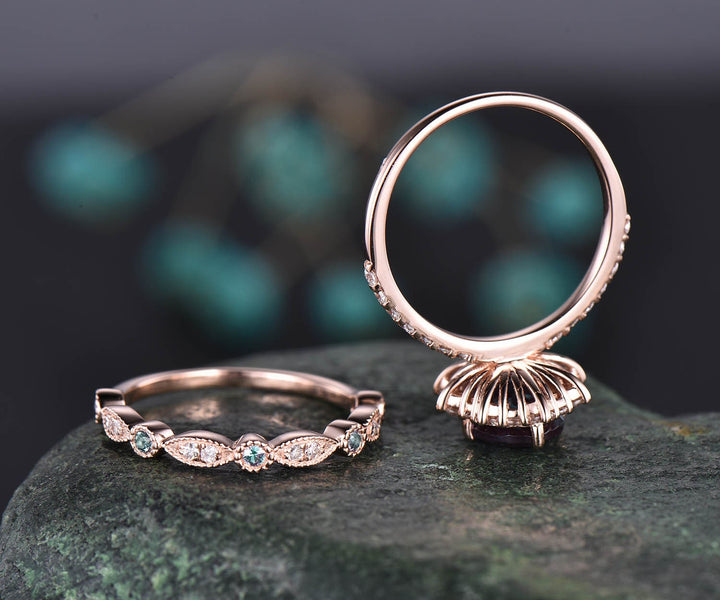 2pcs vintage unique Alexandrite engagement ring set 14k rose gold ring moissanite halo ring  Alexandrite bridal set diamond wedding band