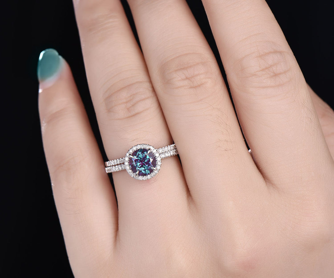 2pcs Alexandrite Ring Set Alexandrite Engagement Set Diamond Halo Alexandrite Wedding June Birthstone Ring Set Anniversary Gift For Her