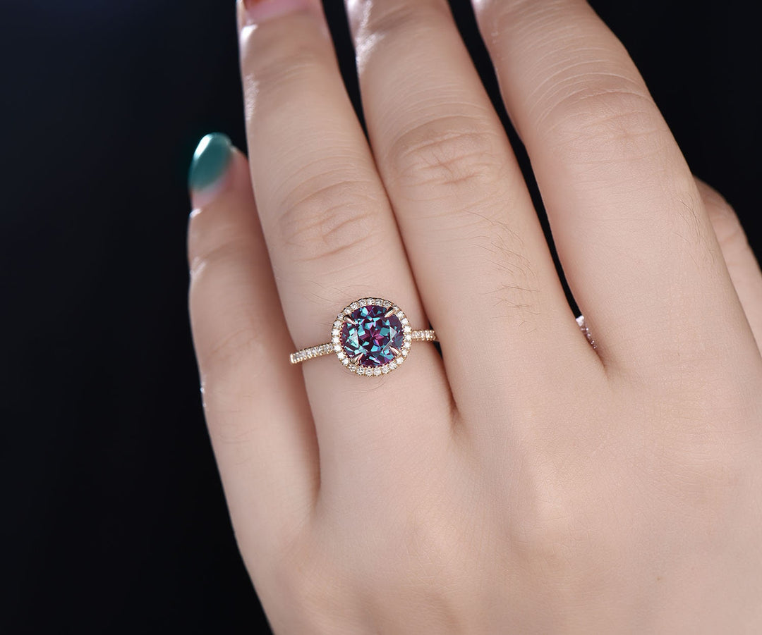 Diamond halo ring unique Alexandrite engagement ring rose gold 8mm round cut Alexandrite ring vintage June birthstone ring anniversary ring
