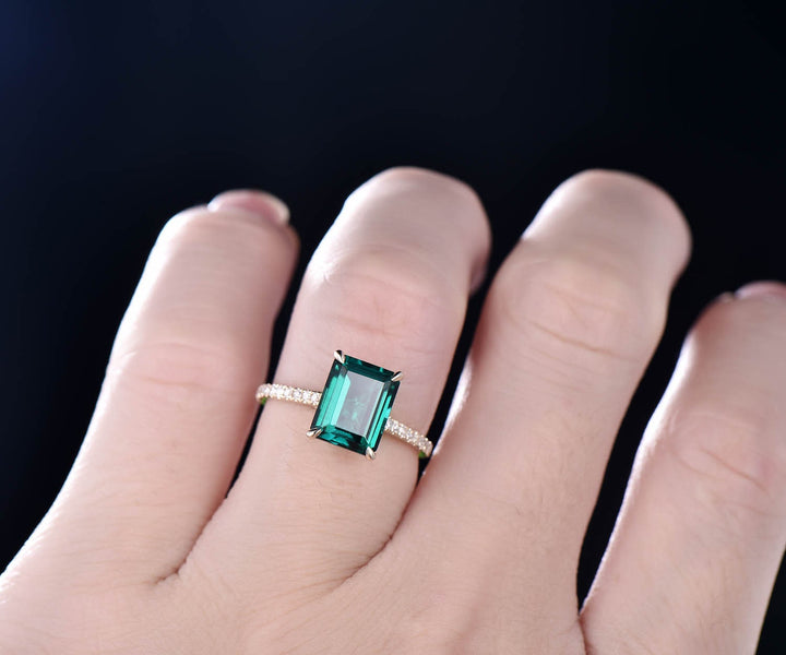 Unique vintage 7x9mm emerald cut emerald engagement ring yellow gold full eternity moissanite bridal wedding ring band gift custom jewelry