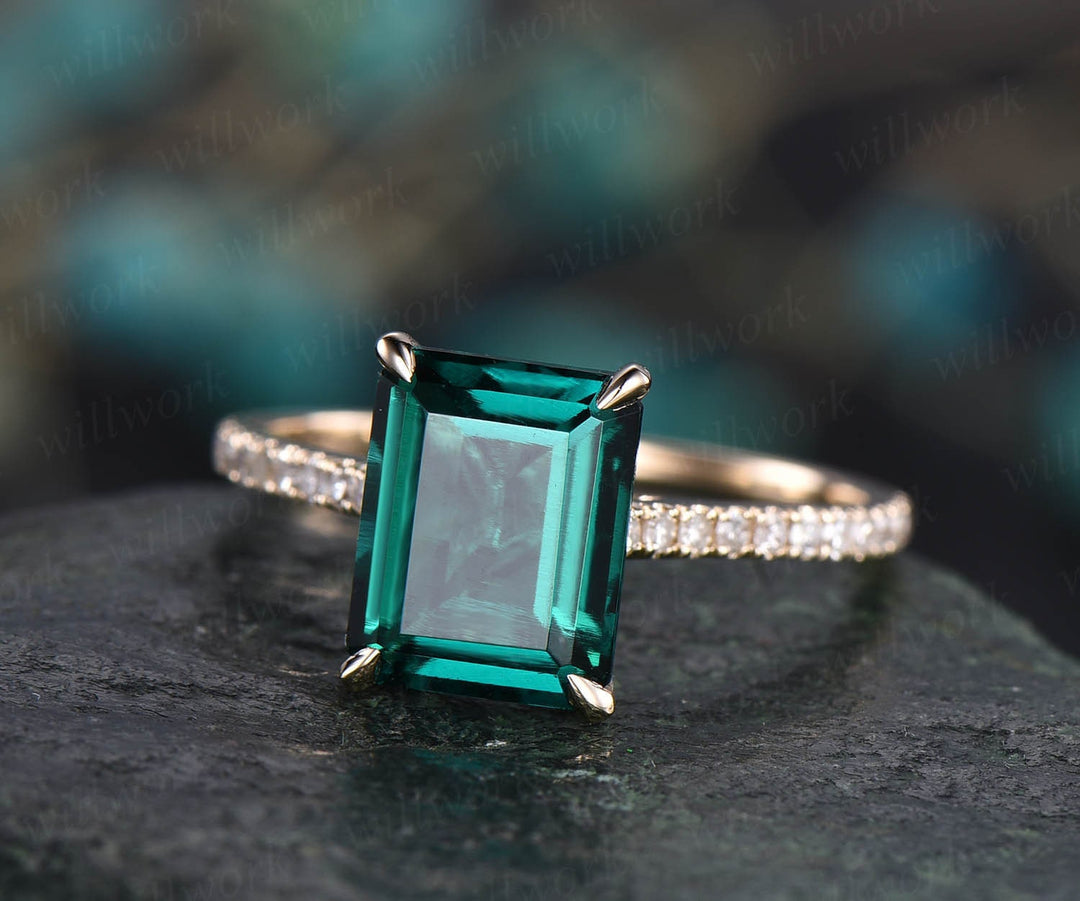 Unique vintage 7x9mm emerald cut emerald engagement ring yellow gold full eternity moissanite bridal wedding ring band gift custom jewelry