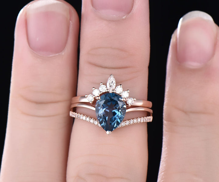 2pc diamond bridal set art deco crown moissanite ring 7x9mm pear London blue topaz engagement ring set rose gold November birthstone ring