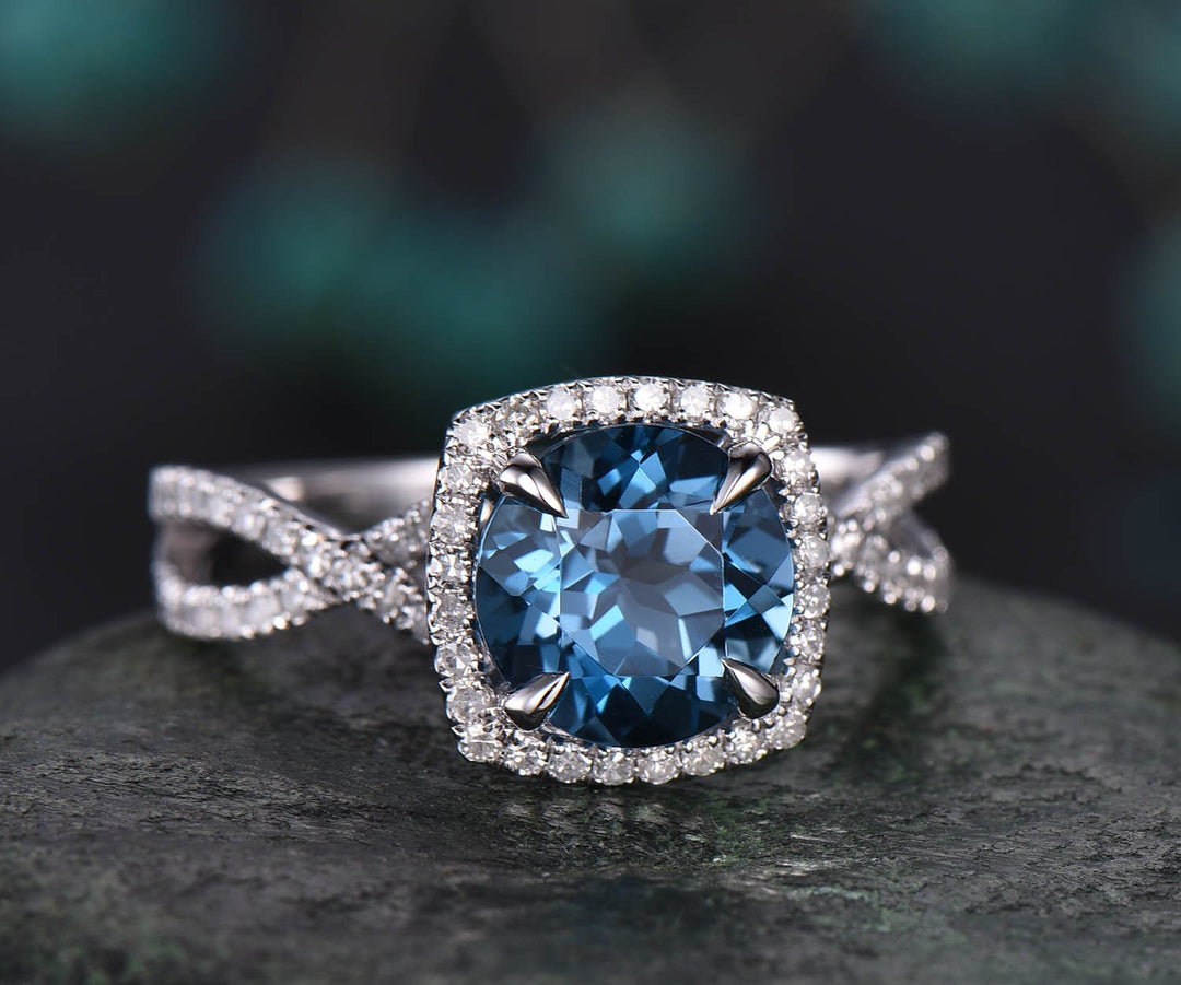 London blue topaz engagement ring rose gold round topaz ring women vintage unique infinity diamond halo November birthstone wedding ring