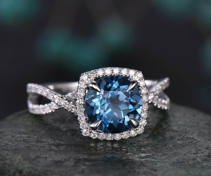 London blue topaz engagement ring rose gold round topaz ring women vintage unique infinity diamond halo November birthstone wedding ring