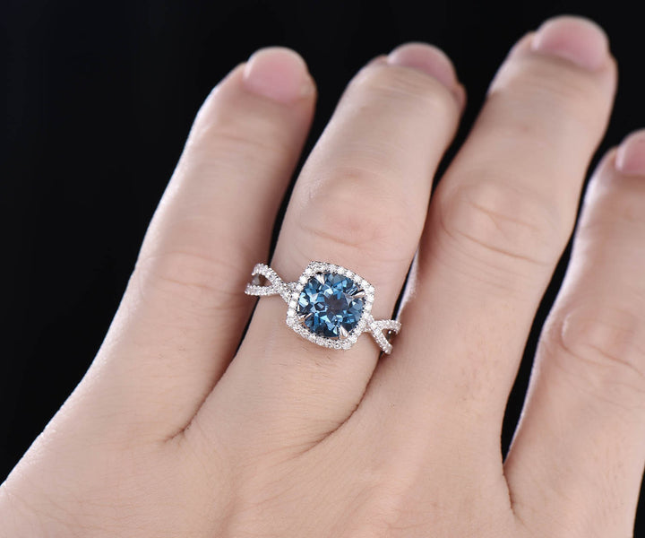 London blue topaz engagement ring rose gold round topaz ring women vintage unique infinity diamond halo November birthstone wedding ring