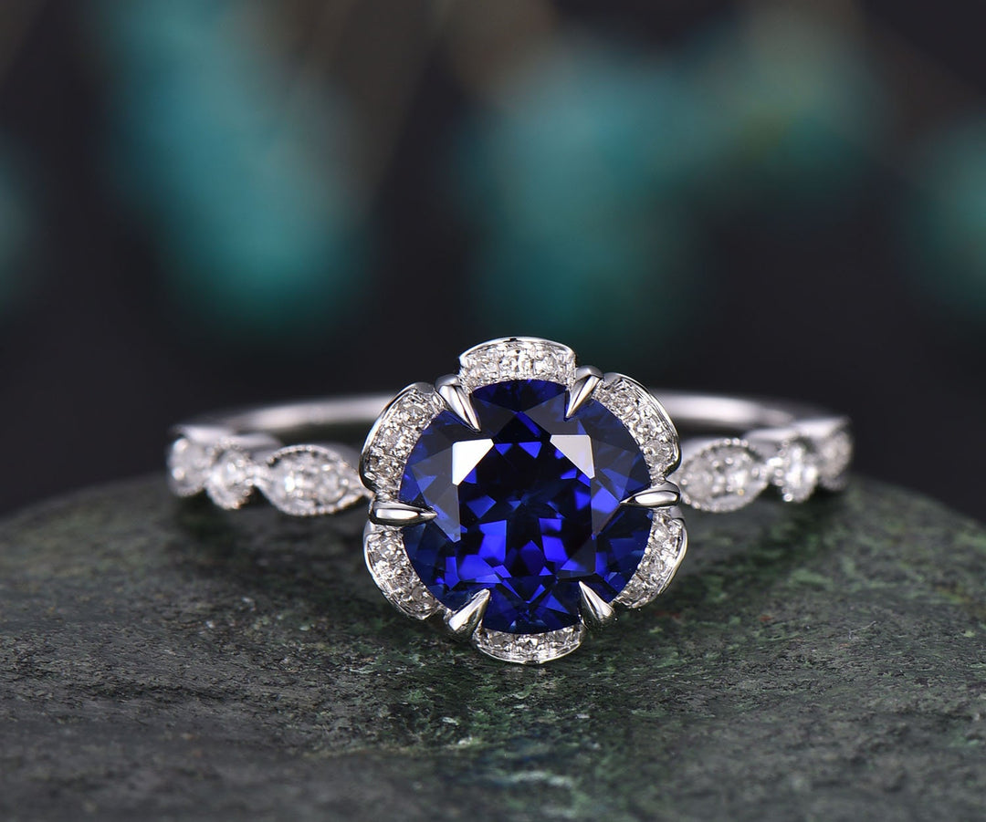 Blue sapphire ring vintage sapphire  engagement ring 14k rose gold for women diamond under halo ring marquise floral wedding ring jewelry