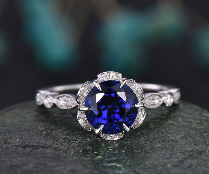 Blue sapphire ring vintage sapphire  engagement ring 14k rose gold for women diamond under halo ring marquise floral wedding ring jewelry
