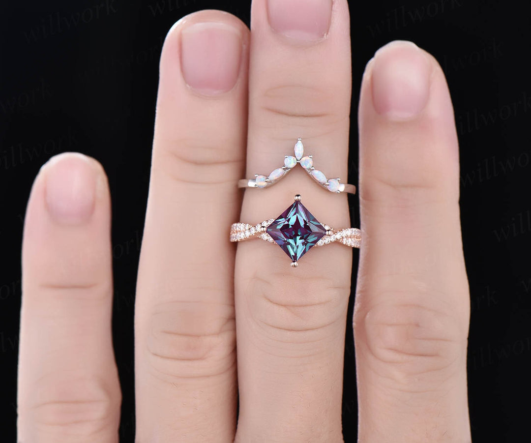 Only 1pcs Marquise opal wedding ring matching band solid 14k rose gold unique vintage ring curved special jewelry