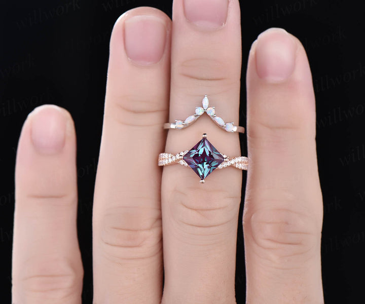 Only 1pcs Marquise opal wedding ring matching band solid 14k rose gold unique vintage ring curved special jewelry