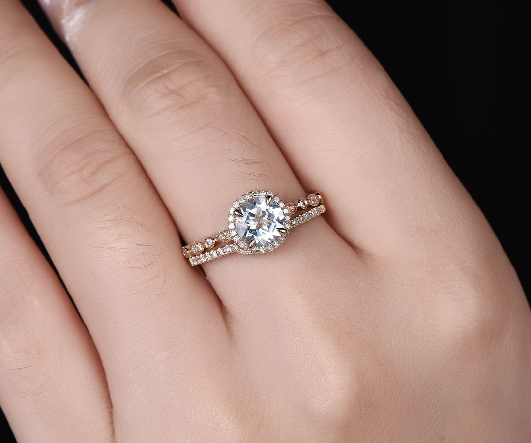 Vintage Blue Aquamarine Engagement Ring Set Solid 14k Rose Gold Handmade Art Deco Arched Diamond Rng Wedding Ring Set March Birthstone Ring