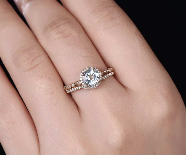 Vintage Blue Aquamarine Engagement Ring Set Solid 14k Rose Gold Handmade Art Deco Arched Diamond Rng Wedding Ring Set March Birthstone Ring