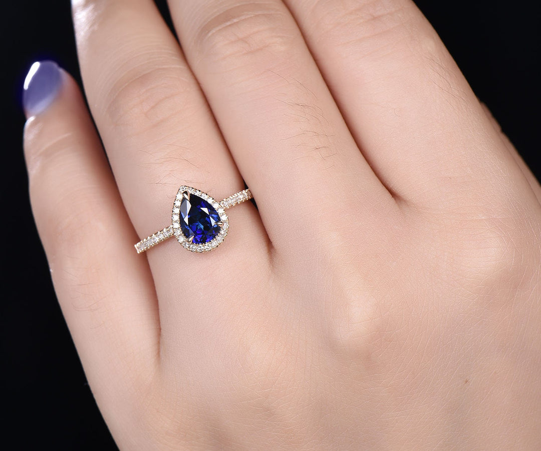 6x8mm sapphire engagement ring 14k rose gold real diamond halo ring Lab sapphire ring gold anniversary wedding women promise ring jewelry