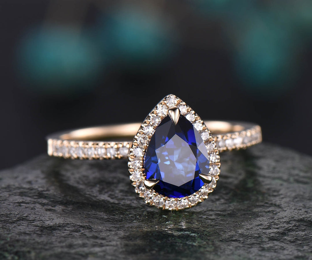 6x8mm sapphire engagement ring 14k rose gold real diamond halo ring Lab sapphire ring gold anniversary wedding women promise ring jewelry