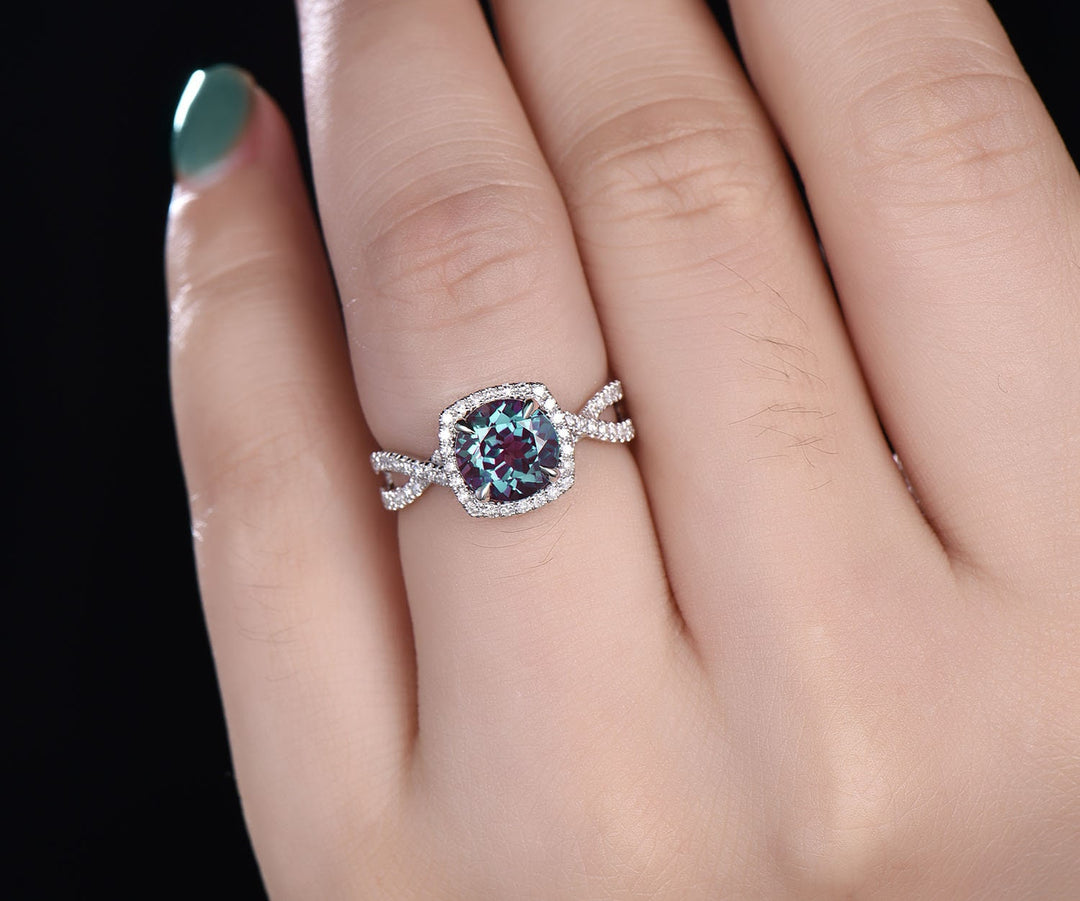 Unique infinity diamond halo ring round Alexandrite engagement ring rose gold color change Alexandrite ring gold anniversary ring for women