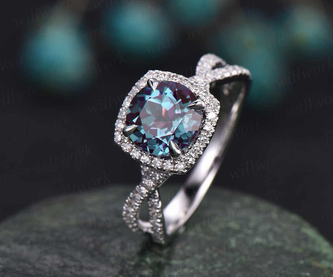 Unique infinity diamond halo ring round Alexandrite engagement ring rose gold color change Alexandrite ring gold anniversary ring for women