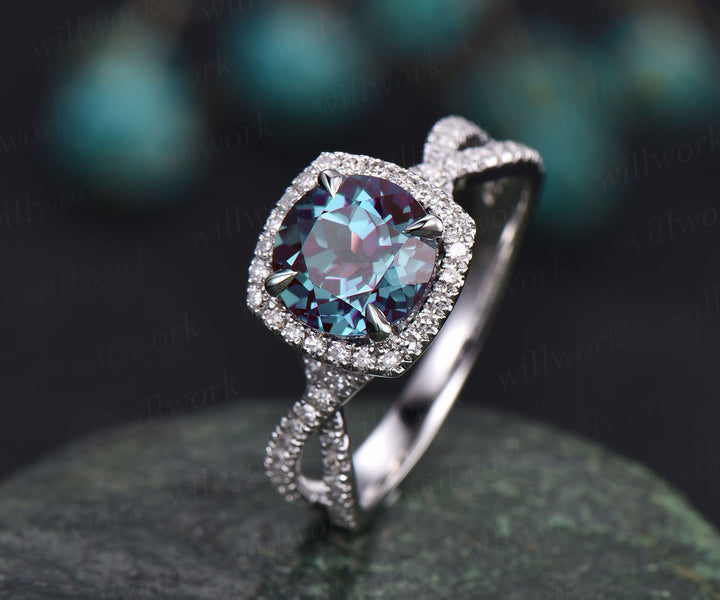 Unique infinity diamond halo ring round Alexandrite engagement ring rose gold color change Alexandrite ring gold anniversary ring for women