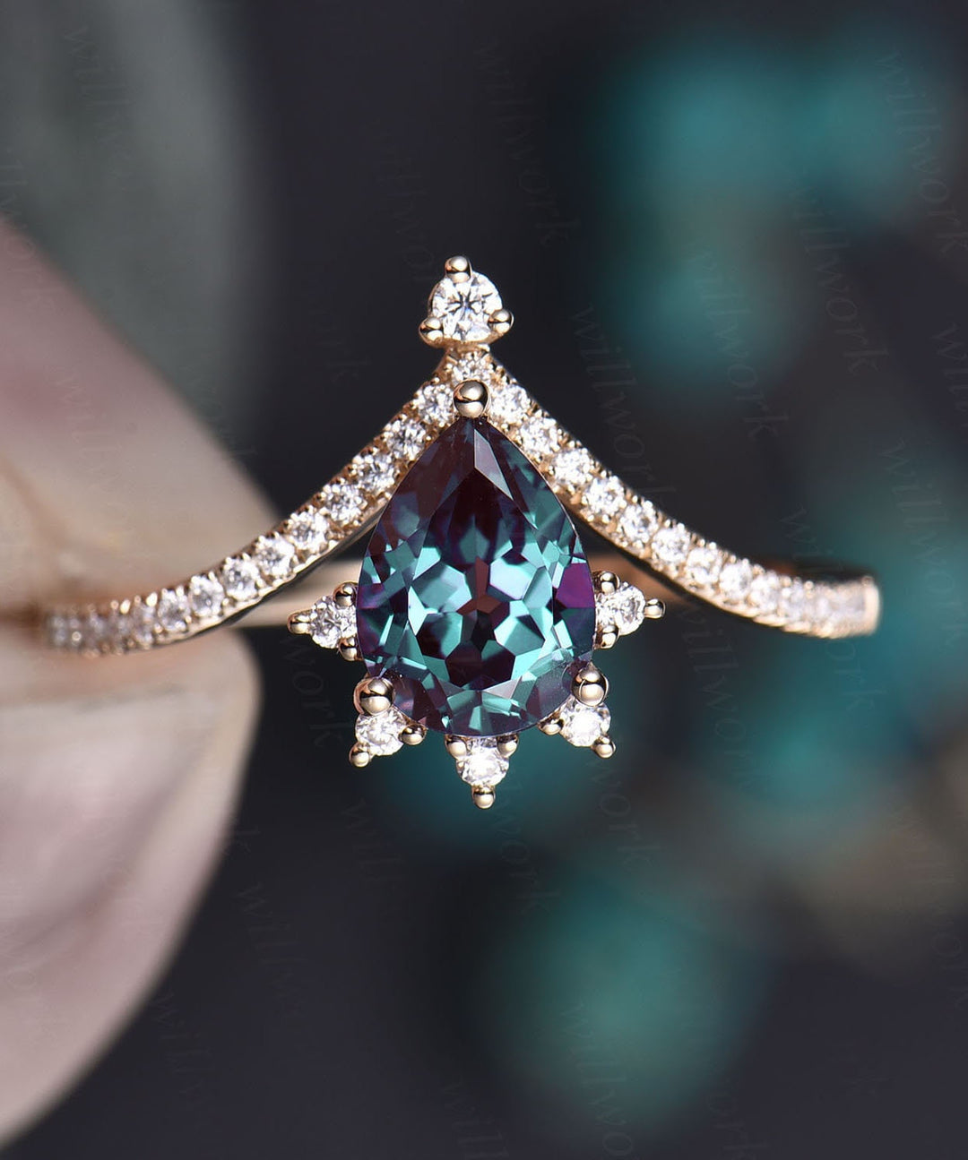 Cluster moissanite ring Alexandrite ring vintage teardrop Alexandrite engagement ring solid 14k/18k rose gold custom jewelry birthday gift